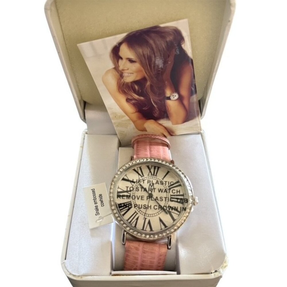Melania Trump Watch Round Snake Embossed Cowhide Leather Pink Silver Tone ME200